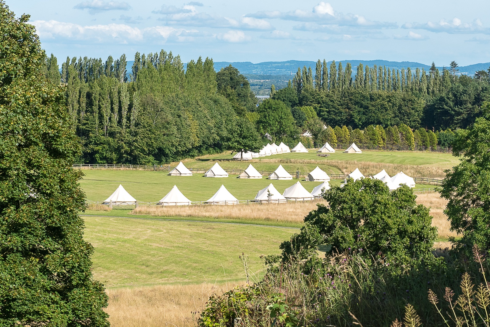 Bell tent village across a parkland field